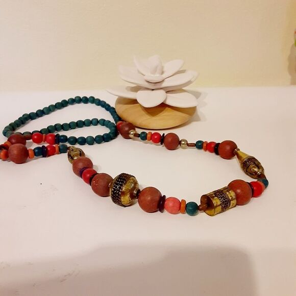 📿VINTAGE 70'S WOODEN BRASS BOHO HIPPIE STYLE NECKLACE 📿 - Picture 4 of 11
